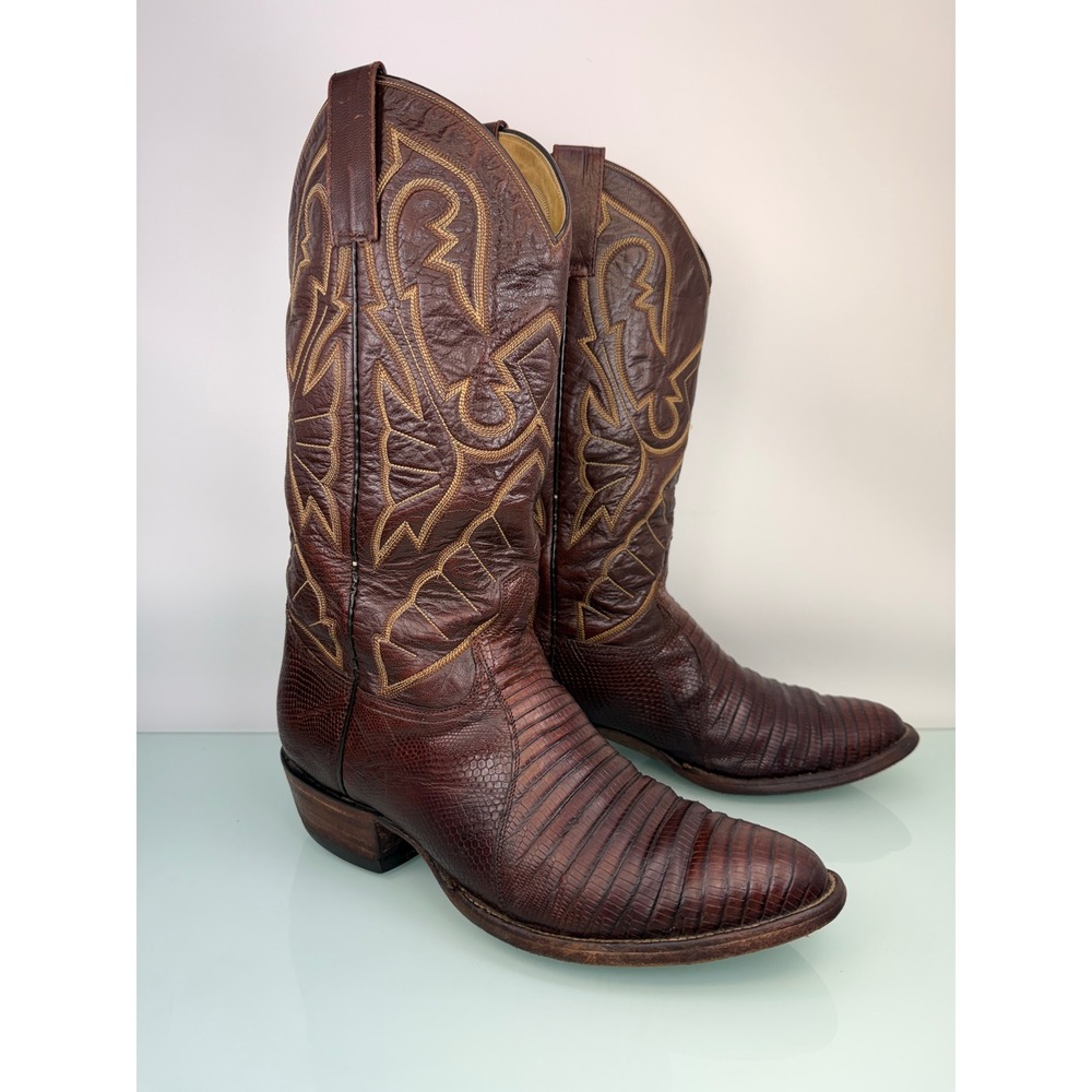 Vintage Exotic Brown Lizard Western Cowboy Boots Mens 8.5 Pointed Toe Stitched